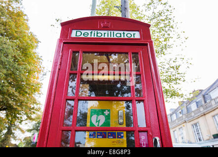 A telephone box in Cheltenham, UK, which now contains a defibrillator instead of a telephone