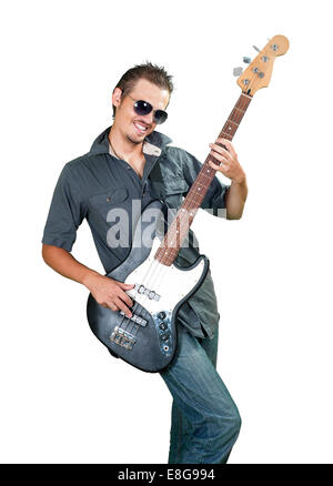 Cool caucasian bass guitar player wearing sun glasses
