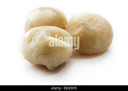 close up of three raw macadamia nuts isolated on a white background Stock Photo