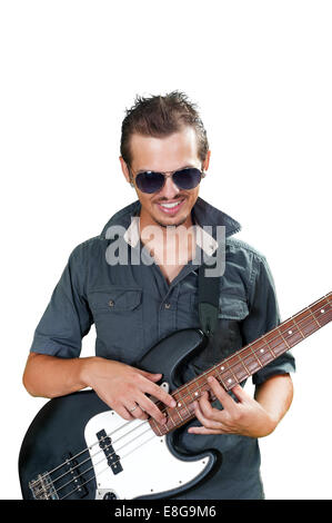 Cool european bass guitar player wearing sun glasses Stock Photo