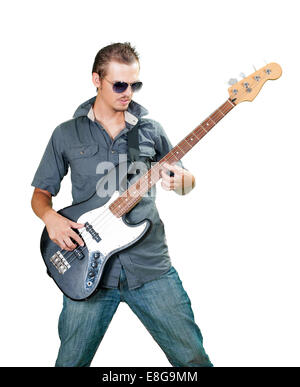 Cool caucasian bass guitar player wearing sun glasses Stock Photo