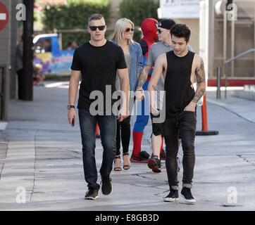 Hollywood, California, USA. 6th Oct, 2014. The UK Boy Band Rixton walked the alleyway behind Jimmy Kimmel Live! on Monday afternoon as they prepared to play on stage in the afternoon. The band, some walking with girlfriend companions, had a laugh as they came across a Hollywood street performer dressed as Spiderman. Credit:  David Bro/ZUMA Wire/Alamy Live News Stock Photo