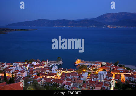 Night view of the picturesque little port of Nafpaktos (Lepanto) town from its castle. Aitoloakarnania, Greece. Stock Photo