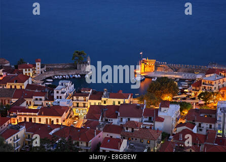 Night view of the picturesque little port of Nafpaktos (Lepanto) town from its castle. Aitoloakarnania, Greece. Stock Photo