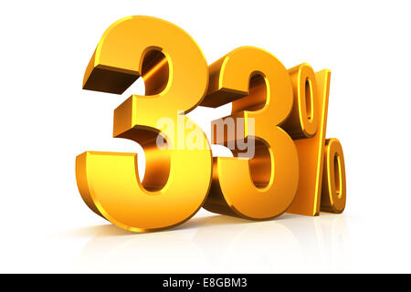 3D render text in 33 percent in gold on white background with reflection Stock Photo