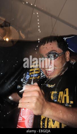 Kansas City, Missouri, USA. 5th Oct, 2014. Norichika Aoki (Royals) MLB : Norichika Aoki of the Kansas City Royals celebrates with beer after winning the American League Division Series (ALDS) Game 3 against the Los Angeles Angels at Kauffman Stadium in Kansas City, Missouri, United States . © AFLO/Alamy Live News Stock Photo