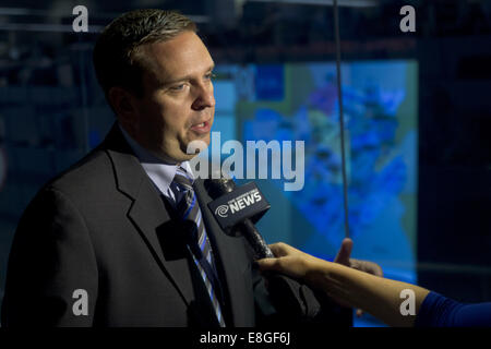 Goshen, New York, USA. 7th Oct, 2014. Orange County Executive STEVE NEUHAUS gives an interview during a full-scale Federal Emergency Management Agency (FEMA) exercise designed to test the county's emergency preparedness plan in.the event of a disaster or attack at the nuclear-powered Indian Point Energy Center in Westchester County. The drill took place at the Orange County Emergency Services Center in Goshen, New York. Westchester, Rockland and Putnam counties also participated in the drill, which focused on Hostile Action-Based (HAB) emergency responses while simulating an attack on Ind Stock Photo