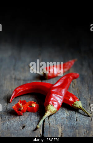 Red hot chili peppers over old wooden background Stock Photo - Alamy