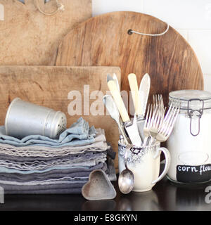 Chopping boards, napkins and cutlery Stock Photo