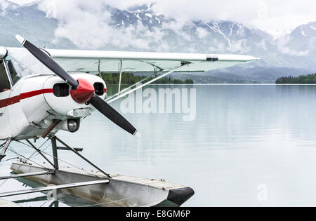 USA, Alaska, Kenai, Moose Pass, Float plane at dock on lake Stock Photo