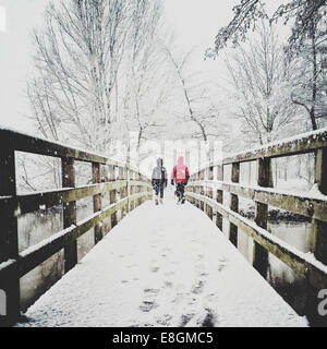Rear view of two children walking across footbridge in the snow Stock Photo