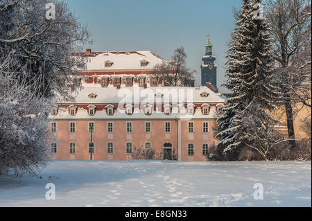 Charlotte von Stein′s house in winter, tower of the castle at the back, Park on the Ilm River, UNESCO World Heritage Site Stock Photo