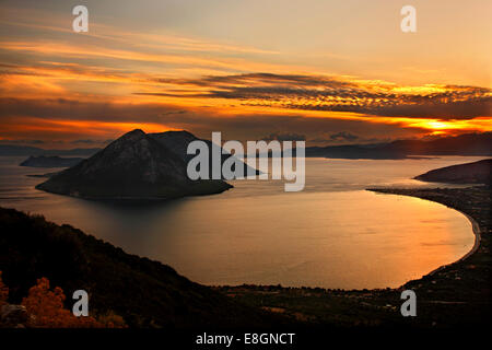 Sunset view of the bay of Mytikas (Municipality of Xiromero, Aitoloakarnania, Greece) from the ancient fortifications of Kastri Stock Photo