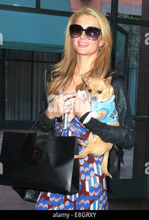 Paris Hilton walking along Bedford Drive carrying her pet chihuahua  Featuring: Paris Hilton Where: Beverly Hills, California, United States When: 04 Apr 2014 Stock Photo