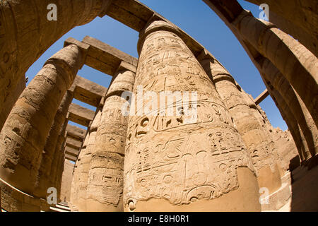 Egypt, Luxor, Karnak Temple, columns of Great Hypostyle Hall, fish eye wide angle distortion Stock Photo