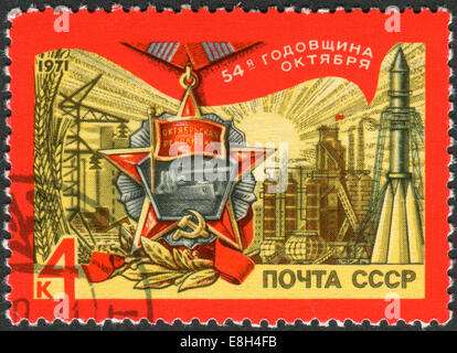 Postage stamp printed in USSR, devoted to 54th Anniversary of Great October Revolution Stock Photo