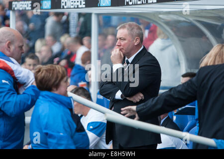 Ally McCoist, manager of Rangers FC, watches Rangers FC v Dumbarton FC at Ibrox Stadium, in Glasgow, Scotland on Saturday August 23, 2014. Stock Photo