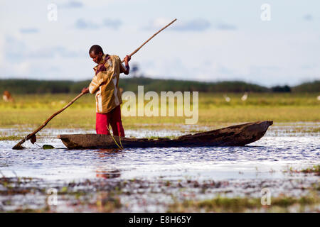 a fisherman glides through the water by poling a dugout canoe in Bangweulu Wetlands, Zambia Stock Photo