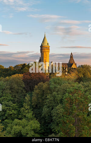Luxembourg, Luxembourg City, Overlooking the Petrusse valley on the landmark Tower of Musee de la Banque in the evening light Stock Photo