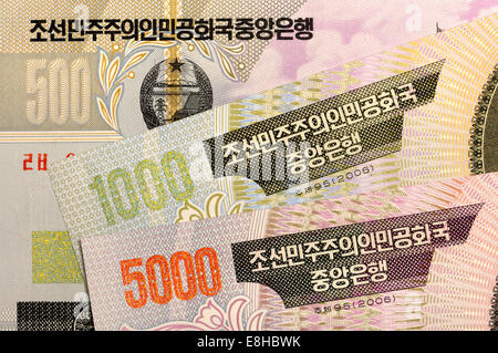 Detail from North Korean banknotes showing Korean script Stock Photo