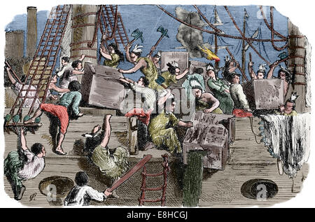 Boston Tea Party. Political protest by the Sons of Liberty in Boston. December 16, 1773. Engraving. Later colouration. Stock Photo