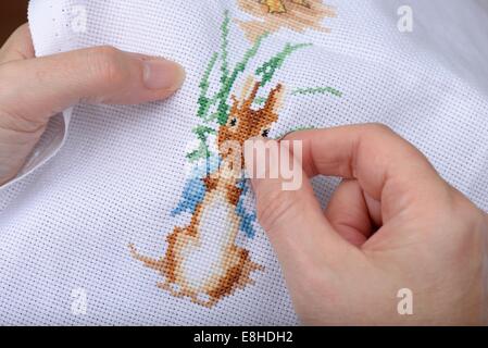 Close-up of woman's hands cross stitching with needle and thread. Stock Photo