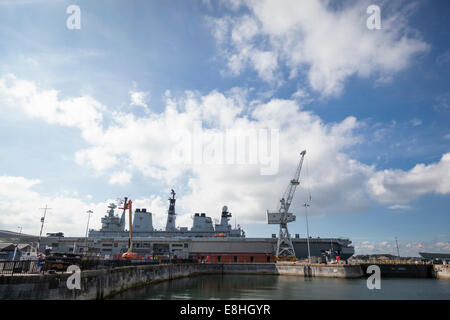 Newly decommissioned HMS Illustrious R06 an Invincible-class light aircraft carrier in dock at Portsmouth Naval base. Stock Photo