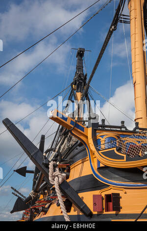 Anchor, hull and mast of HMS Victory without the masts and rigging during its major re-fit. Stock Photo