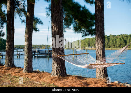 A hammock strung up between trees on the waterline of Maryland's Eastern Shore. Stock Photo