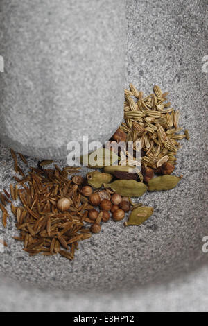 image of dried spices in stone mortar Stock Photo