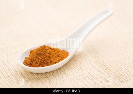 cinnamon  (cassia)  bark powder on a white Chinese spoon against burlap canvas Stock Photo