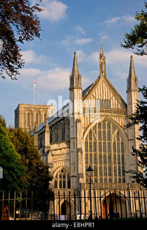 Afternoon autumnal sunshine on the west front of Winchester Cathedral in Hampshire. Stock Photo