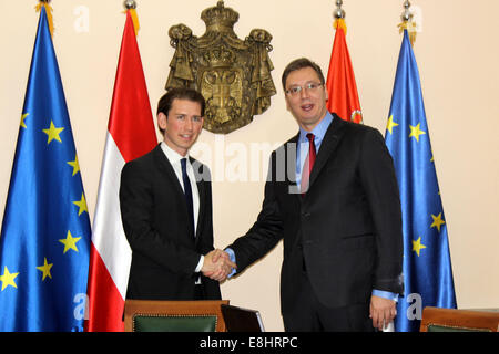 Belgrade, Serbia. 8th Oct, 2014. Serbia's Prime Minister Aleksandar Vucic (R) meets with Austrian Foreign Minister Sebastian Kurz in Belgrade, Serbia, on Oct. 8, 2014. © Nemanja Cabric/Xinhua/Alamy Live News Stock Photo