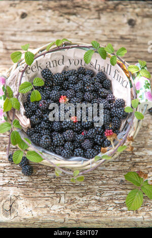 seek  and you shall find, blackberries in paper lined basket against rustic wood Stock Photo