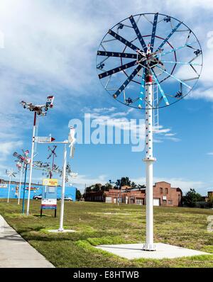 Wilson, North Carolina, USA. 08th Oct, 2014. The first fully restored whirligigs by artist Vollis Simpson are now up and twisting in the wind at Whirligig Park. Mr. Simpson, who died 2013 at the age of 94, made scores of whirligig sculptures over his lifetime, 31 of which will eventually be restored and installed at the park in Historic Downtown Wiilson. © Brian Cahn/ZUMA Wire/Alamy Live News Stock Photo