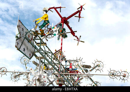 Wilson, North Carolina, USA. 08th Oct, 2014. Detail of one of five whirligigs by artist Vollis Simpson now up and twisting in the wind at Whirligig Park. Mr. Simpson, who died 2013 at the age of 94, made scores of whirligig sculptures over his lifetime, 31 of which will eventually be restored and installed at the park in Historic Downtown Wiilson. © Brian Cahn/ZUMA Wire/Alamy Live News Stock Photo