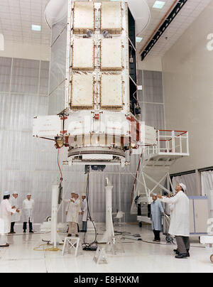 Remove HEAO-1 From Horizontal Assembly Fixture. (MIX FILE) High Energy Astronomy Observatory Assembly Stock Photo