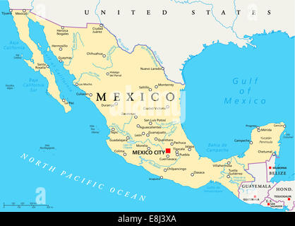 Mexico Political Map with capital Mexico City, national borders, most important cities, rivers and lakes. English labeling. Stock Photo