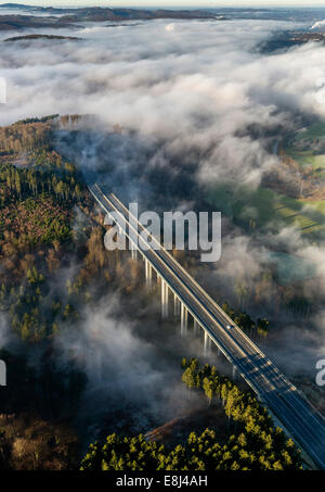 Aerial view, A46 motorway bridge, low clouds, Meschede, Sauerland, North Rhine-Westphalia, Germany Stock Photo