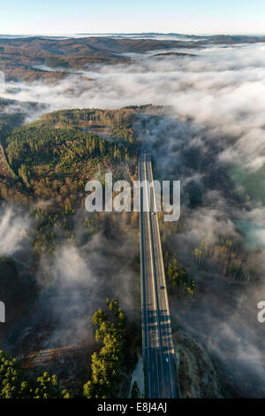 Aerial view, A46 motorway bridge, low clouds, Meschede, Sauerland, North Rhine-Westphalia, Germany Stock Photo