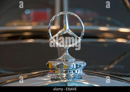 Mercedes star, hood ornament, Mercedes Benz 320 streamlined sedan, model of 1939, Mercedes Benz Museum, Stuttgart Stock Photo