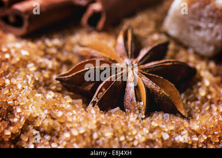 Spices cinnamon and anise over heap of brown sugar. See series Stock Photo