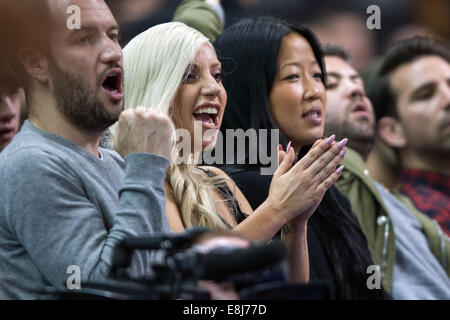 Berlin, Germany. 08th Oct, 2014. Lady Gaga attends the basketball game between Alba Berlin and the San Antonio Spurs as part of the 'NBA Global Games' in Berlin, Germany, 08 October 2014. Photo: LUKAS SCHULZE/dpa/Alamy Live News Stock Photo