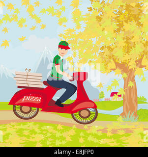 pizza delivery man on a motorcycle Stock Photo