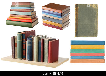 Bookshelf and book stacks on white background Stock Photo