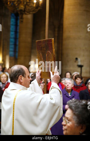 Gospel book. Chrism mass. Notre Dame de Paris Cathedral. Stock Photo