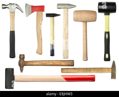 Various hammers and ax isolated on white Stock Photo