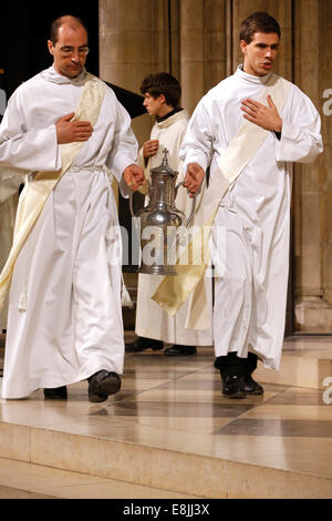 Consecrated oils. Chrism mass. Notre Dame de Paris Cathedral. Stock Photo