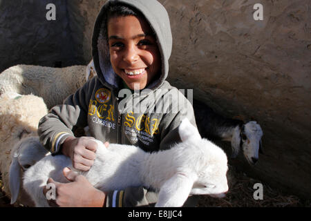 Tunisian boy holding a lamb Stock Photo