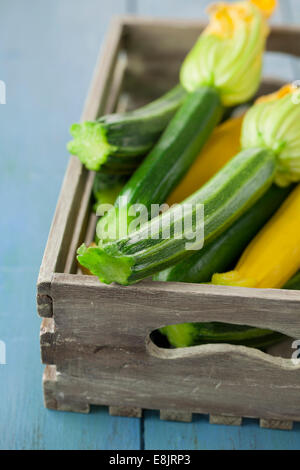 Homegrown Courgettes in Wooden Box Stock Photo